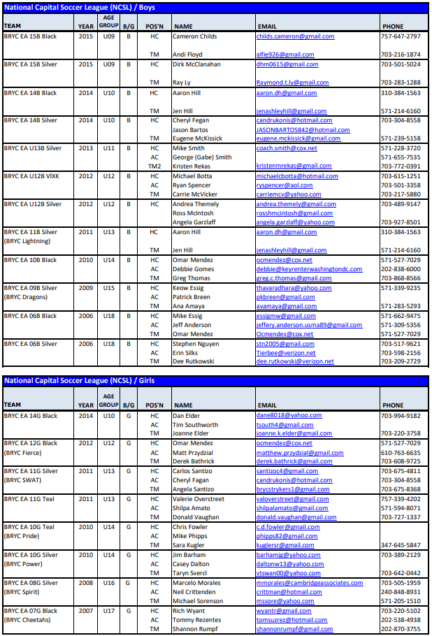 BRYC Bridge Travel Teams Boys and Girls Braddock Road Youth Club Recreational Soccer
